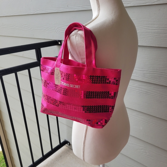 NWT Victoria's Secret Small Petite Sequin Pink Striped Canvas Shimmery Tote Bag - Picture 10 of 10